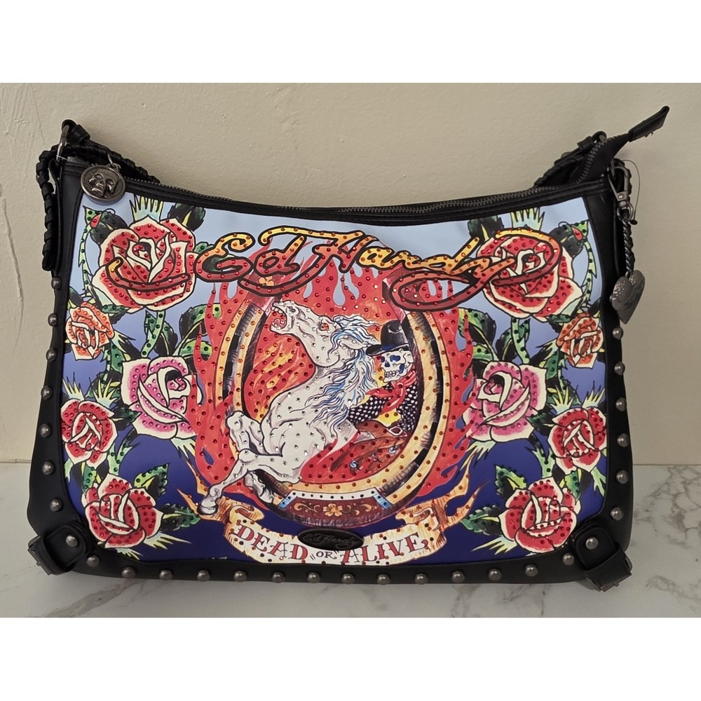 Ed Hardy Lg Hobo Bag Dead Or Alive Rhinestone Horse Skeleton Flowers Tattoo NWT
